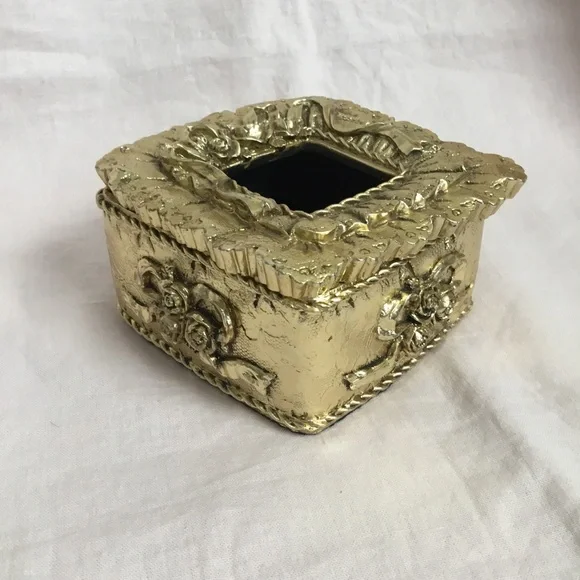 ✨Vintage Victorian Antique Gold Rose Ruffle Ribbon Bow Jewelry Trinket Box